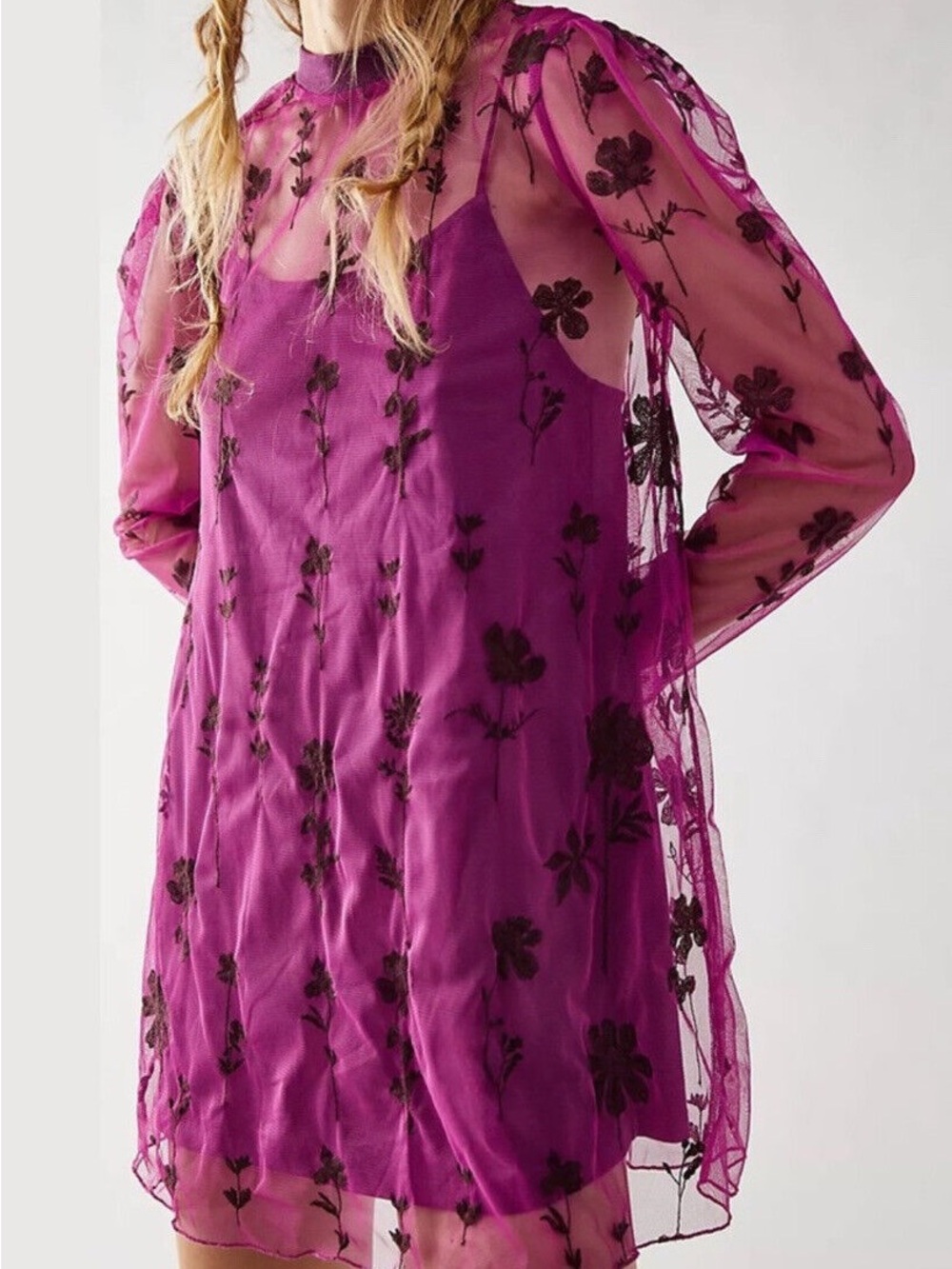 Free People Cecilia Sheer Floral Purple Mini Dress Large Whimsical Ethereal Boho